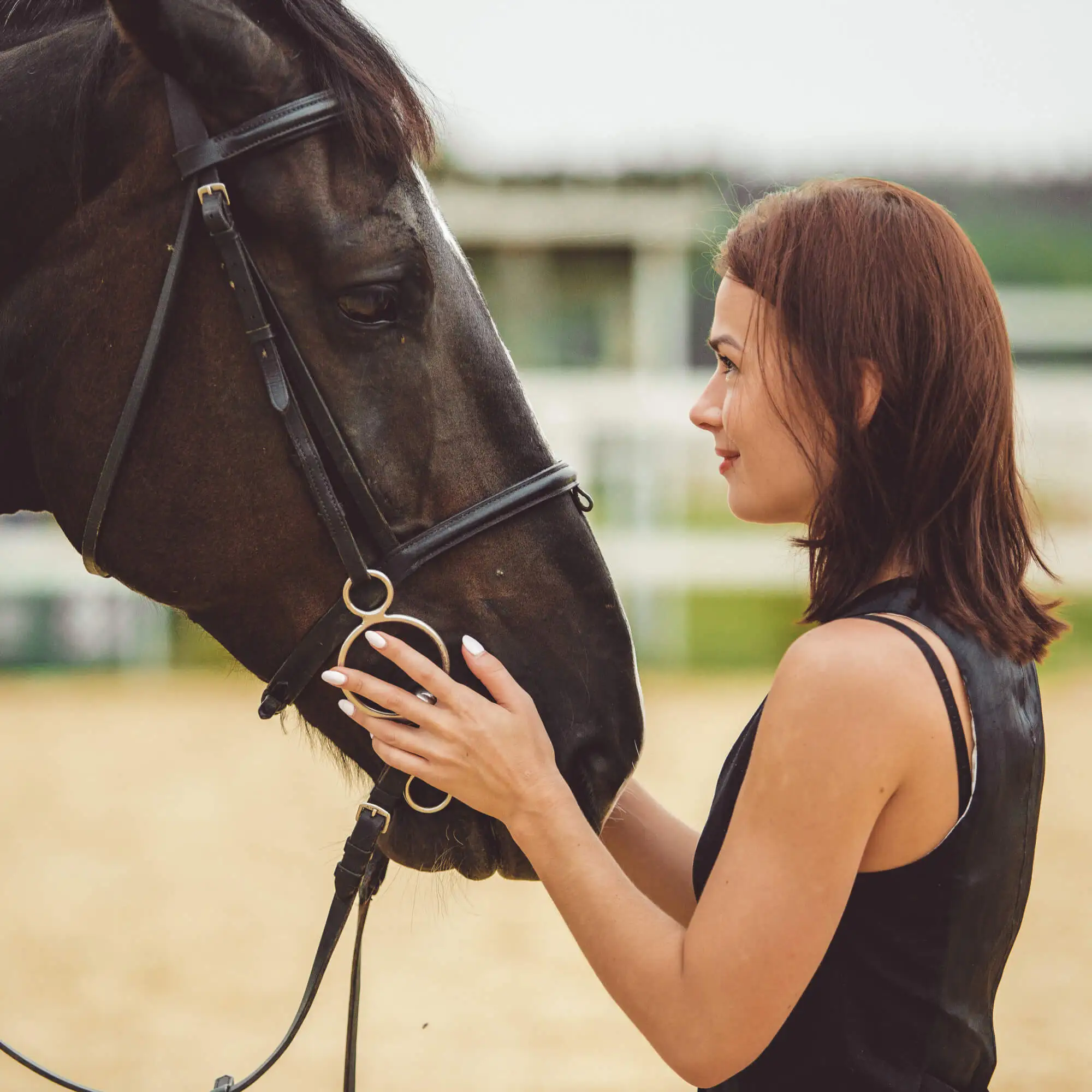 Rider woman talking to her horse on a ranch