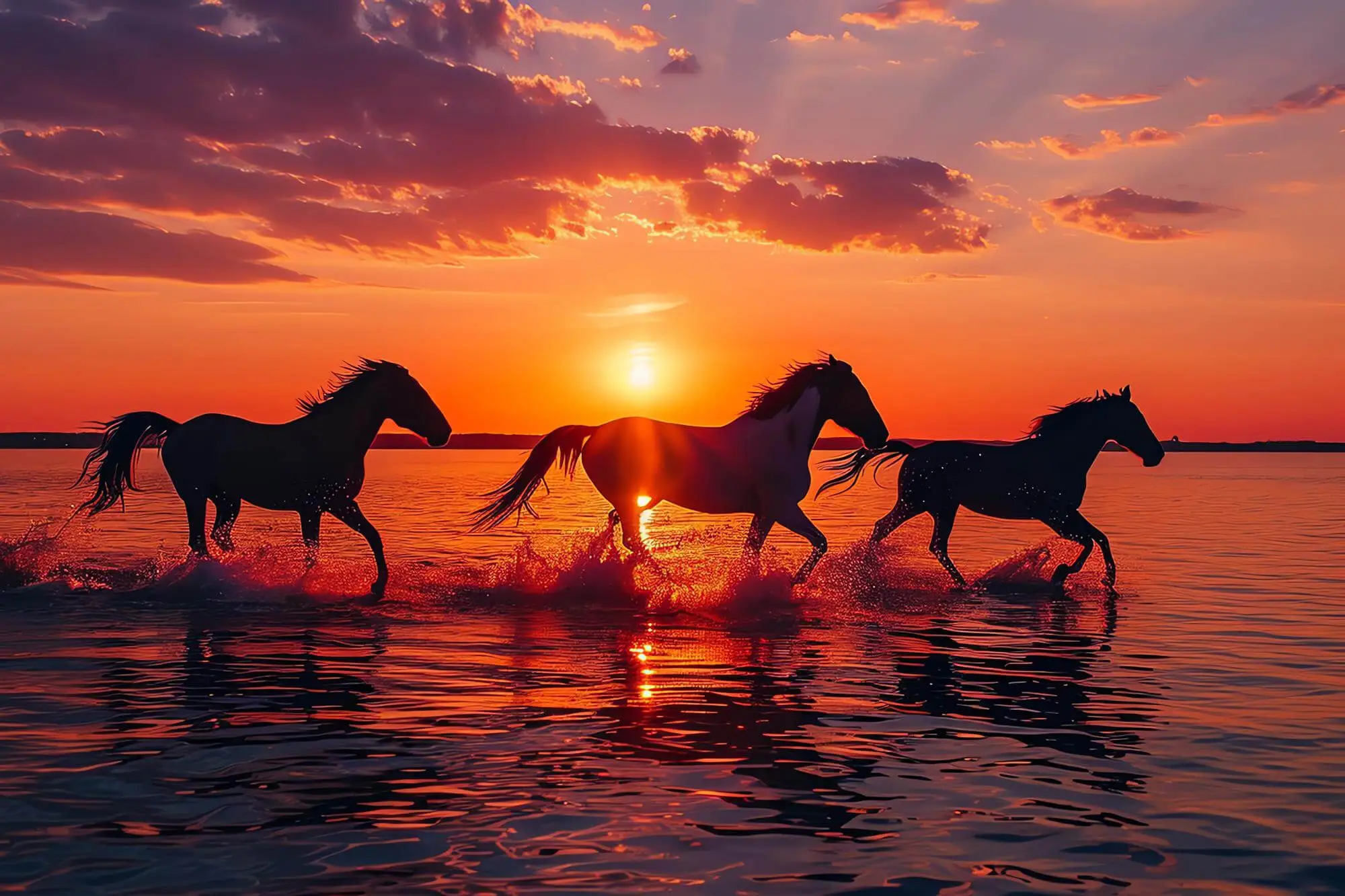 Horses gallop on the beach at sunset